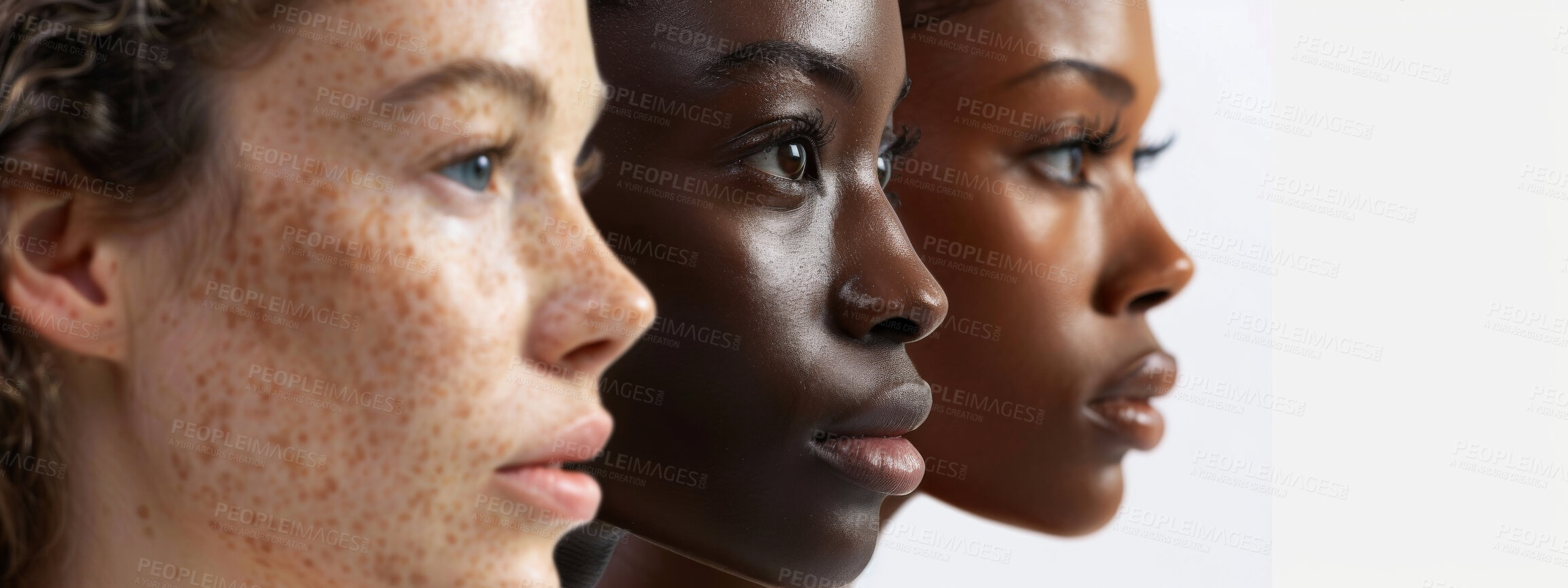 Buy stock photo Studio, diversity and women with beauty for skincare, equality and inclusion on white background. Cosmetics, empowerment and group of people with thinking for identity, support and dermatology glow