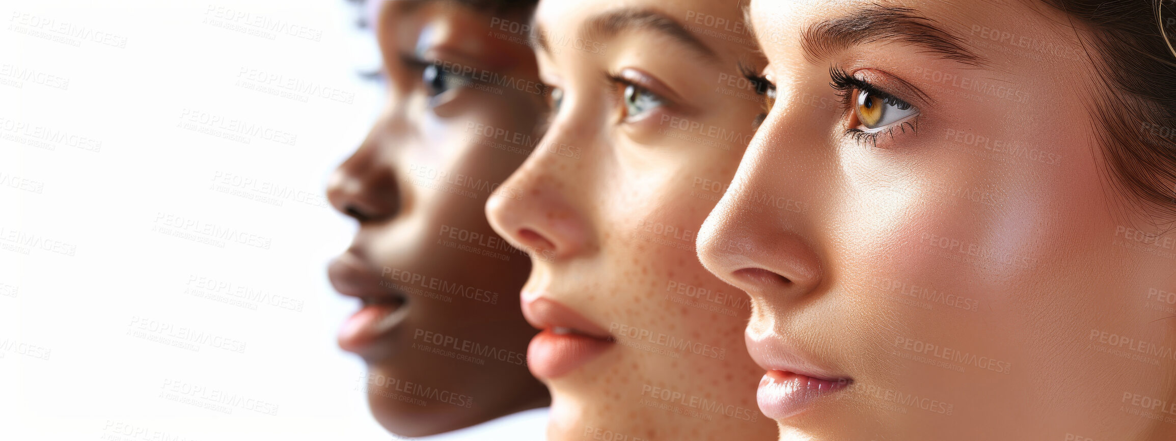 Buy stock photo Studio, diversity and people with beauty for skincare, inclusion and equality on white background. Cosmetics, empowerment and group of women with thinking for support, identity and dermatology shine