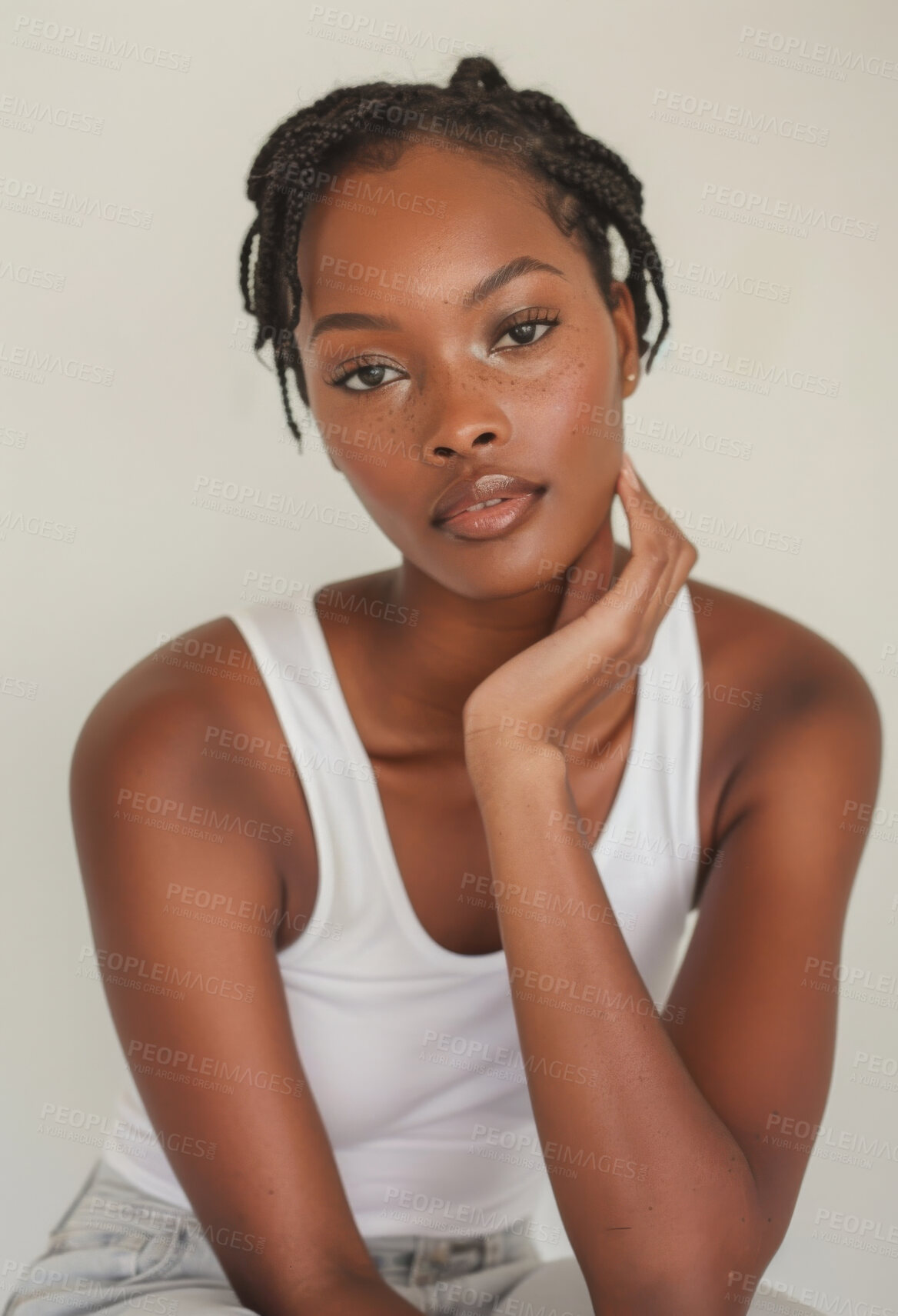 Buy stock photo Skincare, glow and portrait of black woman in studio with health, wellness and beauty face treatment. Natural, cosmetic and African female person with facial dermatology routine by gray background.