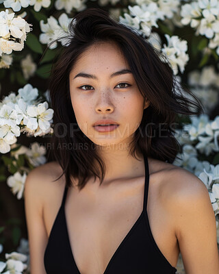 Buy stock photo Asian woman, portrait and flowers for natural skincare, beauty and cosmetics in nature. Female model, dermatology and organic treatment for self care, facial and wellness in forest with aesthetic