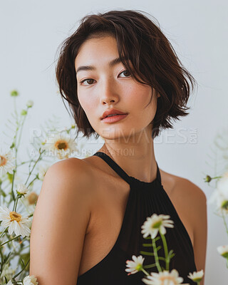 Buy stock photo Asian woman, portrait and plants for natural skincare, beauty and cosmetics in nature. Female model, dermatology and organic treatment for self care, facial and wellness in forest with aesthetic