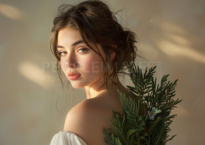 Portrait, plants and girl with makeup, beauty and dermatology on beige wall background. Face, person and model with natural cosmetics, eco friendly and mockup space with sunshine, glowing or wellness