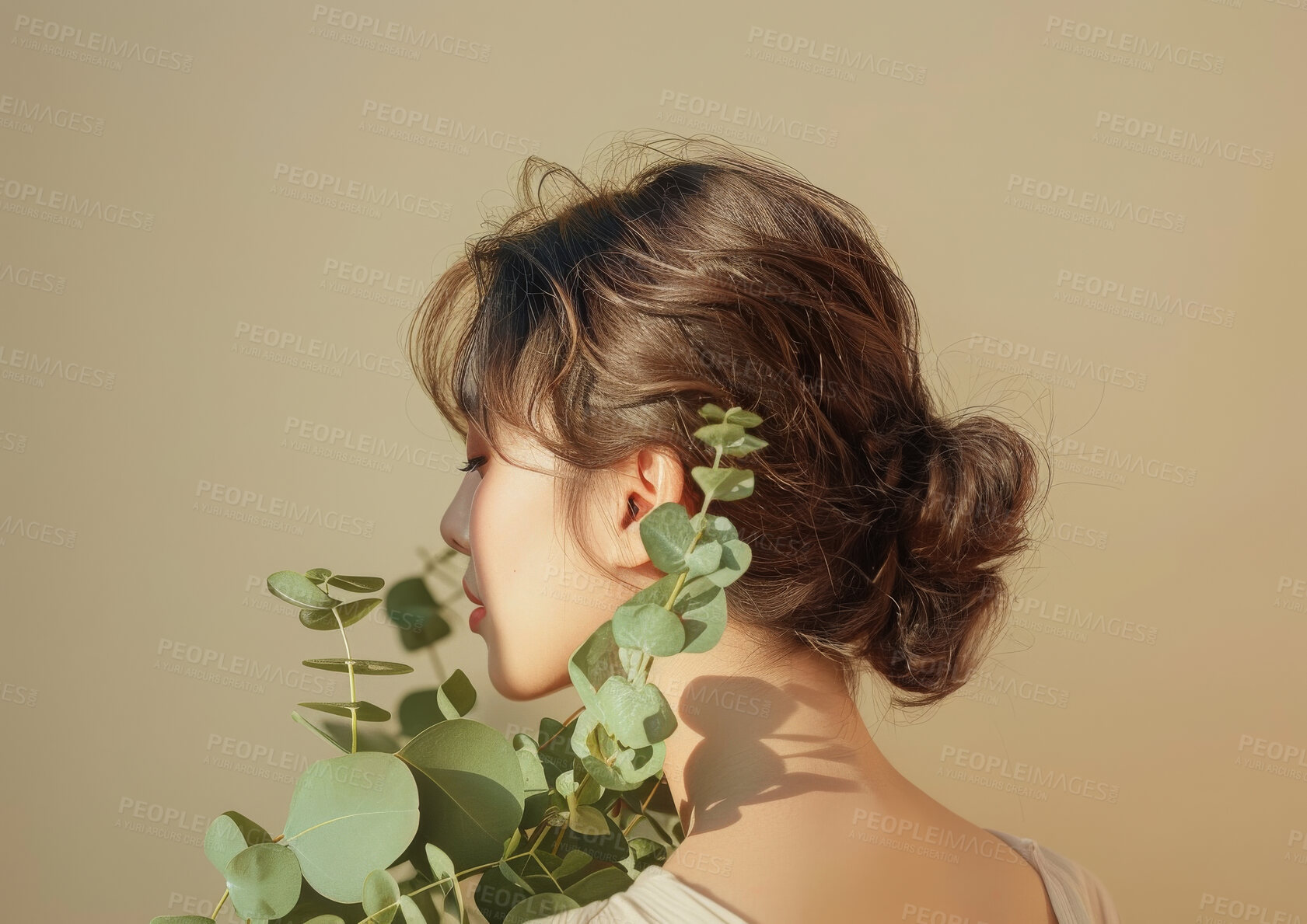 Buy stock photo Beauty, hair and plant with back of woman in studio isolated on gray background for growth or sustainability. Green, skincare and spring with confident young model holding flora for conservation