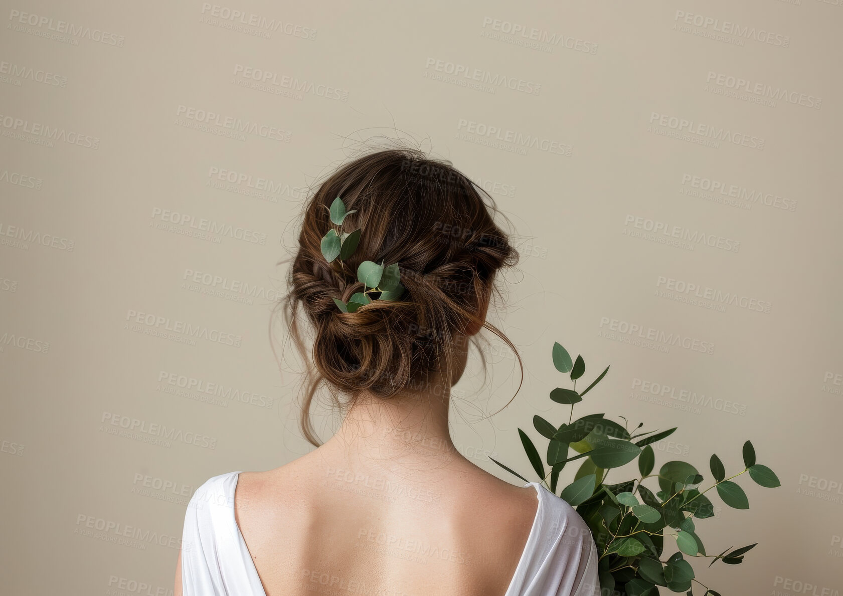 Buy stock photo Woman, back and plants with bride on background, occasion hairstyle and classy or elegant fashion. Natural, minimalistic bouquet, eco friendly clothing for clean aesthetic with bridal couture