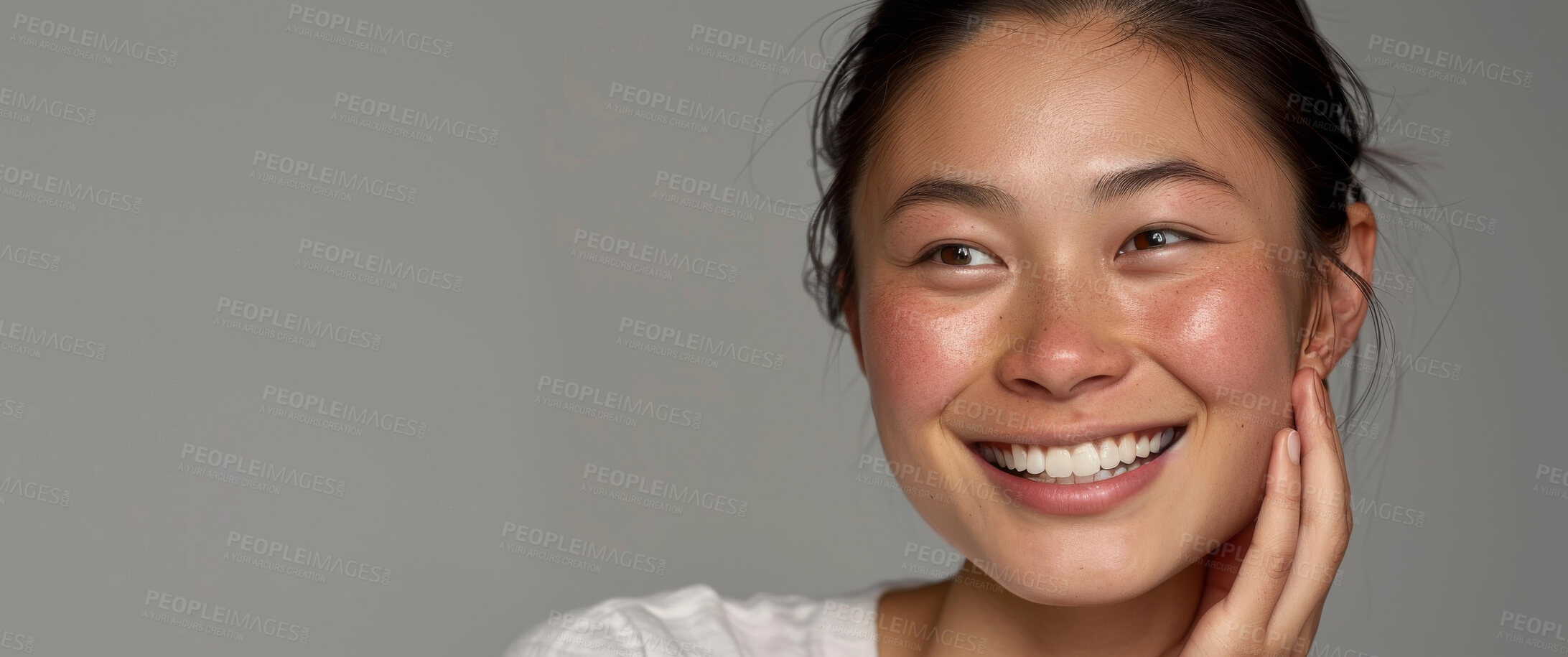 Buy stock photo Smile, cosmetics or Asian woman with makeup, dermatology or wellness on grey studio background. Person, model or girl with healthy skin, glow or luxury with skincare or aesthetic with beauty or shine