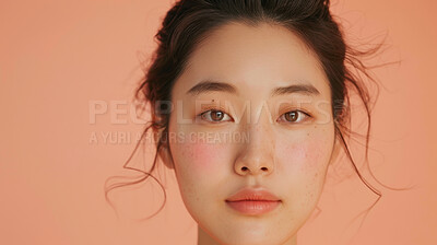 Buy stock photo Beauty, makeup and portrait of asian woman with blush in studio isolated on pink background. Face, skincare and space with confident or natural young model at spa for cosmetics or dermatology