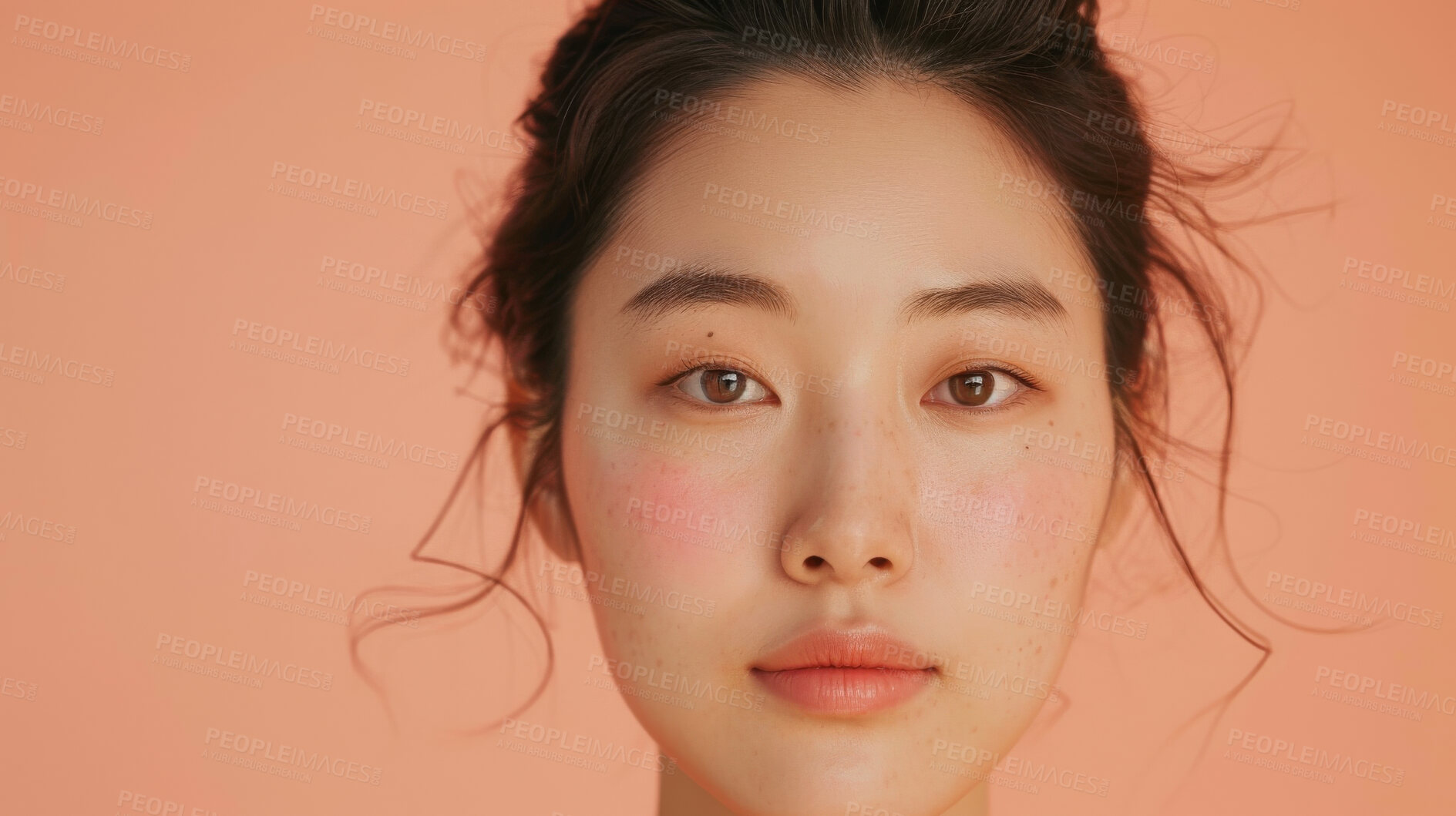 Buy stock photo Beauty, makeup and portrait of asian woman with blush in studio isolated on pink background. Face, skincare and space with confident or natural young model at spa for cosmetics or dermatology