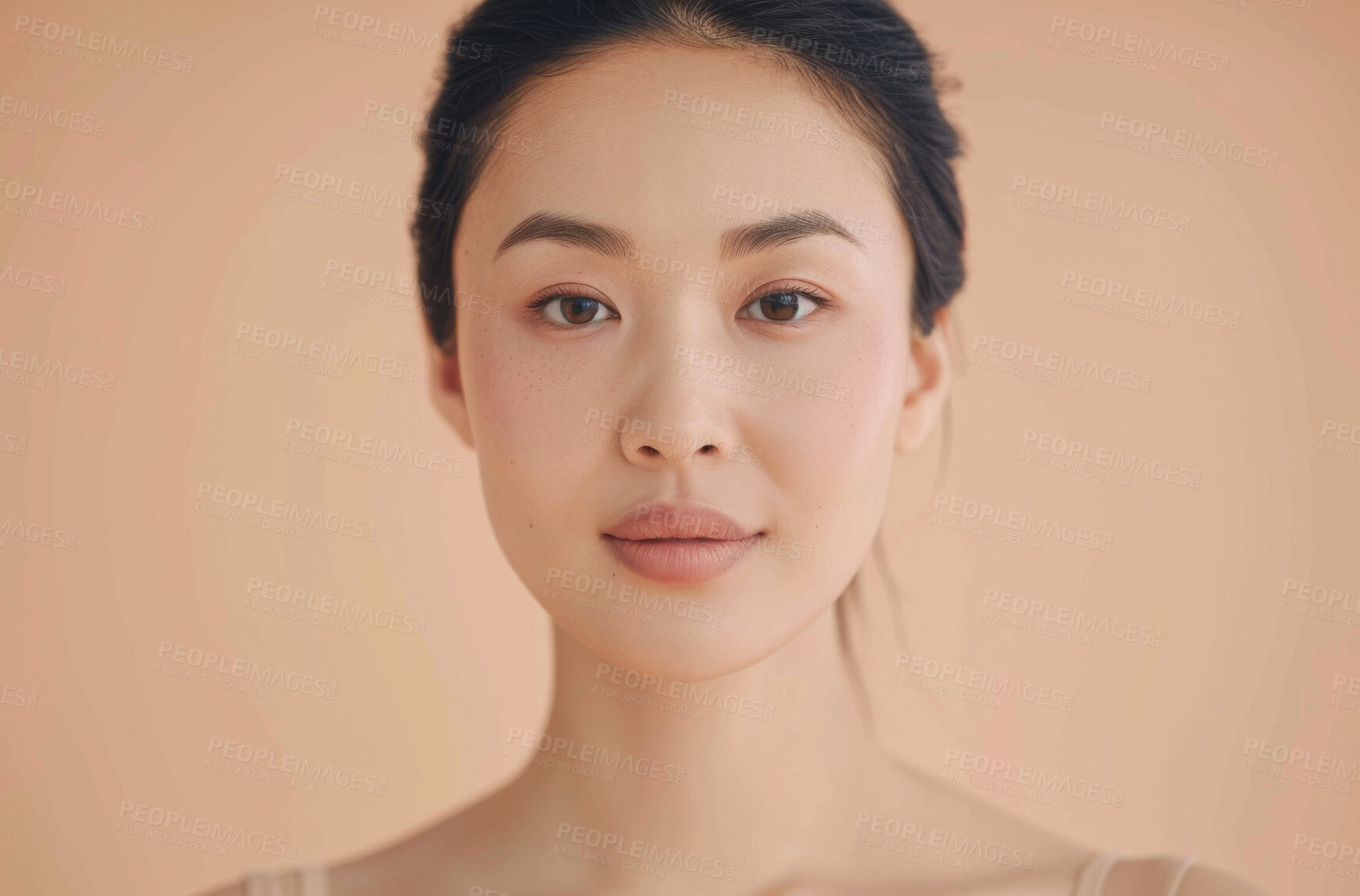 Buy stock photo Beauty, makeup and portrait of happy asian woman in studio isolated on cream background. Face, skincare and relax with aesthetic, confident or natural young model at spa for cosmetics or dermatology