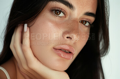 Buy stock photo Makeup, girl and face of portrait, aesthetic and cosmetics for treatment, skincare and beauty for lady. Closeup, confidence and proud for results of dermatology, shine and glow of skin, soft or clean