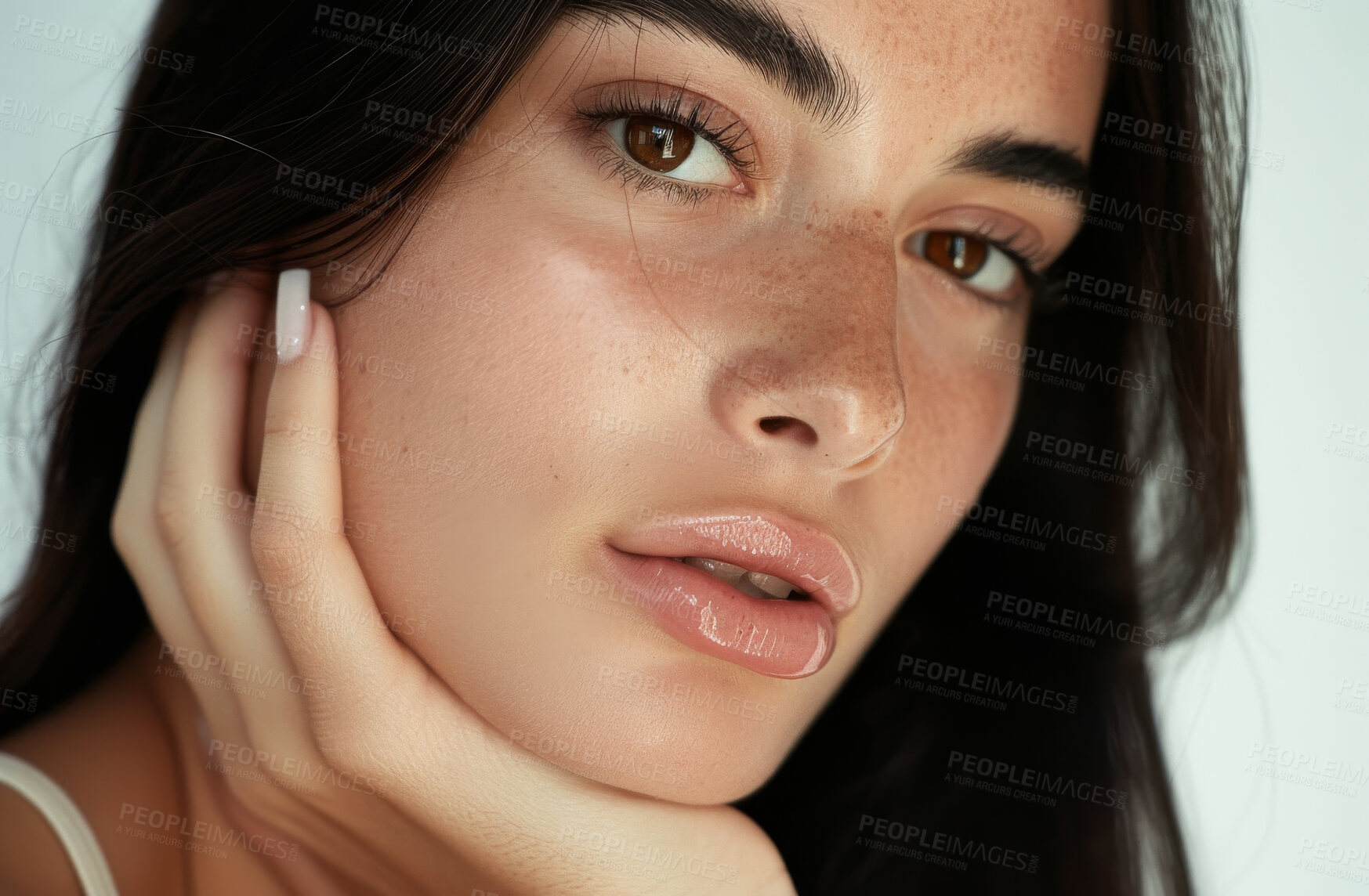 Buy stock photo Makeup, girl and face of portrait, aesthetic and cosmetics for treatment, skincare and beauty for lady. Closeup, confidence and proud for results of dermatology, shine and glow of skin, soft or clean