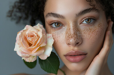 Rose, face and natural beauty of woman in studio, sustainable cosmetics and dermatology on grey background. Freckles, healthy skin and wellness with eco friendly treatment, nature and portrait