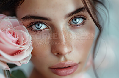Rose, portrait and beauty of woman for glow, sustainable cosmetic care and dermatology with natural aesthetic. Face, blue eyes and healthy skin for wellness with eco friendly treatment and nature