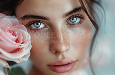 Buy stock photo Rose, portrait and beauty of woman for glow, sustainable cosmetic care and dermatology with natural aesthetic. Face, blue eyes and healthy skin for wellness with eco friendly treatment and nature