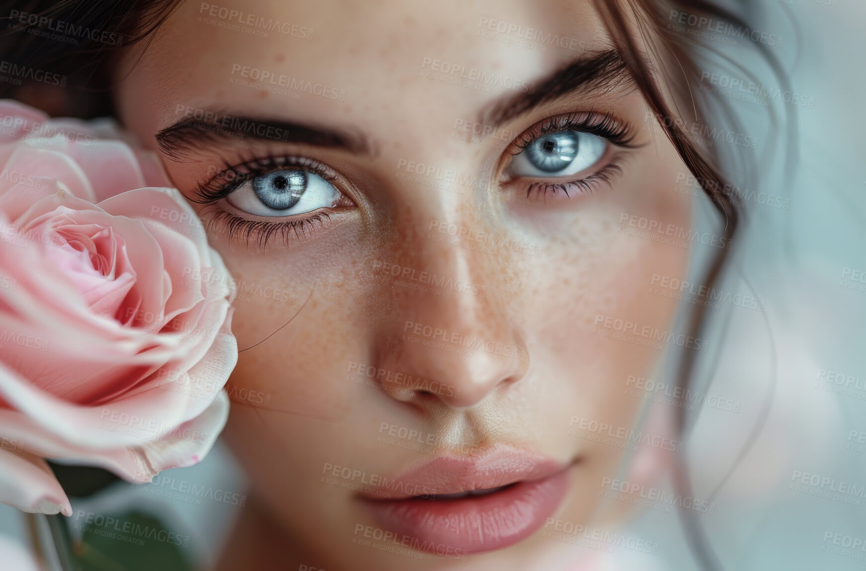 Buy stock photo Rose, portrait and beauty of woman for glow, sustainable cosmetic care and dermatology with natural aesthetic. Face, blue eyes and healthy skin for wellness with eco friendly treatment and nature