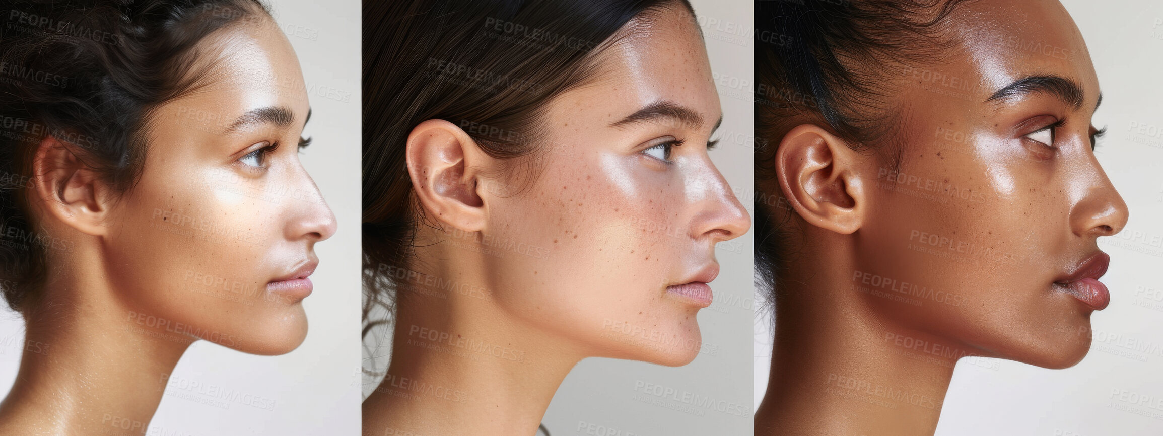 Buy stock photo Beauty, skincare and women in studio for dermatology, cosmetology or facial treatment on gray background. Closeup, diversity and group of people for organic cosmetics, healthy skin or natural glow