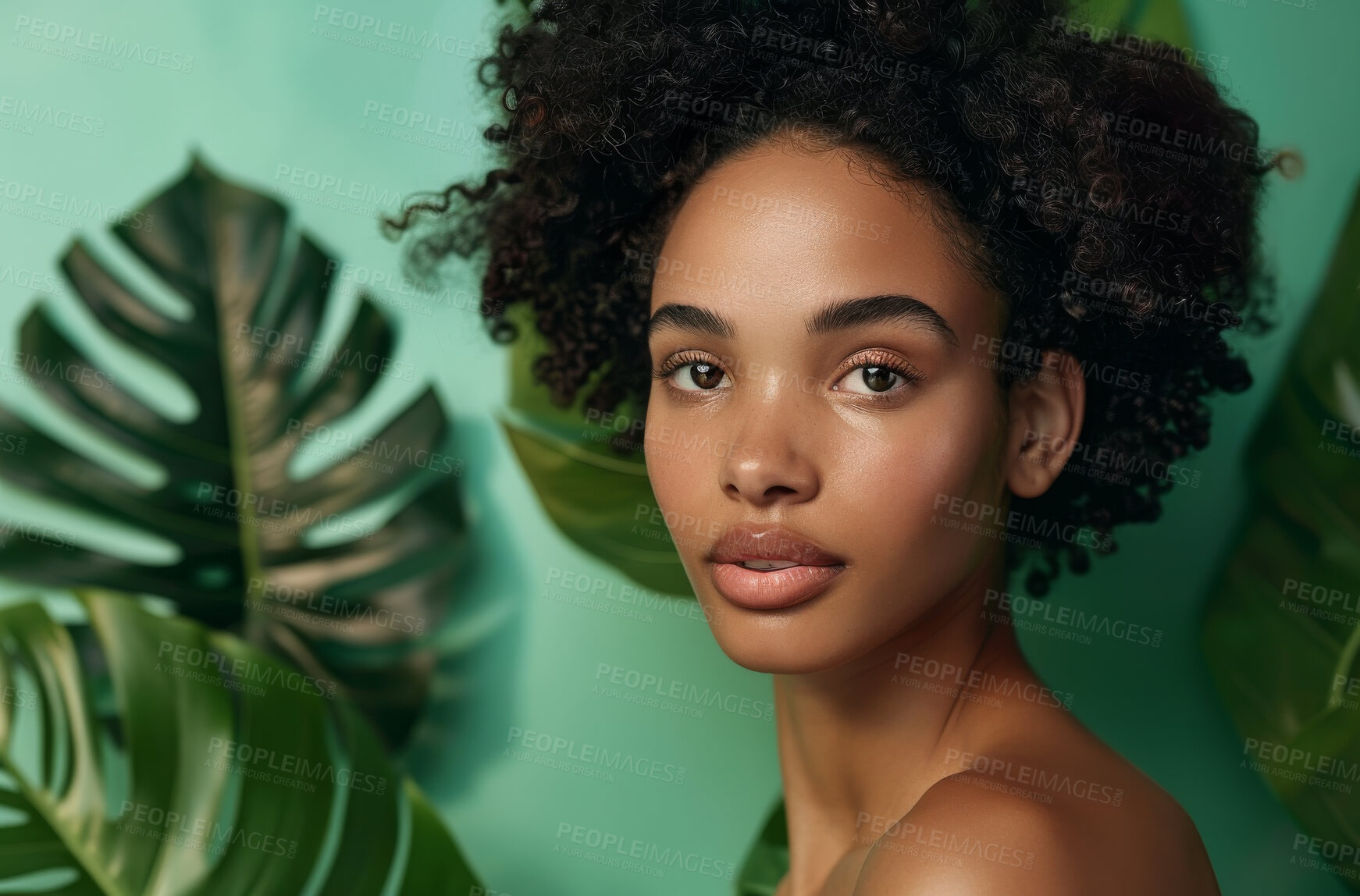 Buy stock photo Black woman, face and monstera for natural beauty, sustainable cosmetics and dermatology on green background. Tropical leaves, wellness and aesthetic for skincare, portrait and eco friendly treatment