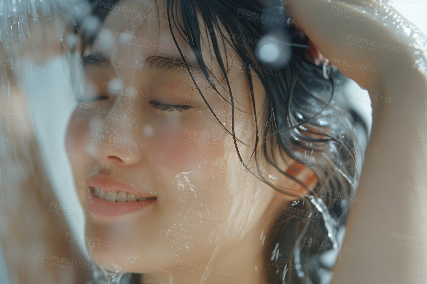 Buy stock photo Asian woman, face and smile in shower with water for cleaning, washing and hygiene routine in bathroom. Person, splash and hair care for wellness, grooming and skincare with facial cleanse and happy