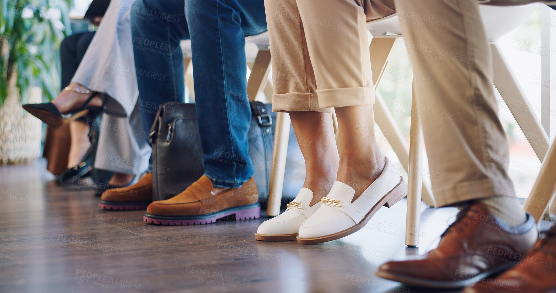 Buy stock photo Feet, business group and job interview with nervous worker in waiting room and office. Excited, shoes and row of anxiety of people sitting in a queue for recruitment and hiring opportunity in lobby