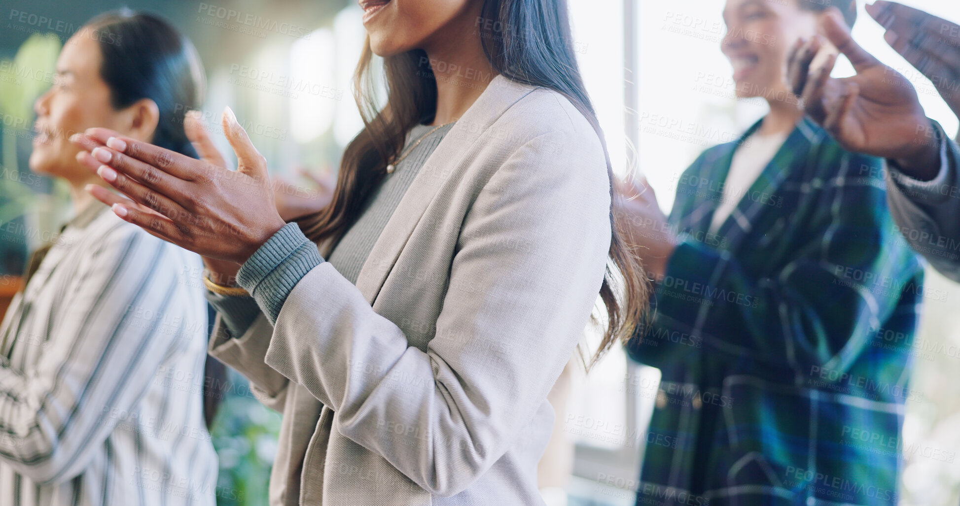 Buy stock photo Hands, business people and applause in conference, success and achievement of seminar presentation. Closeup of audience, crowd and team clapping to celebrate meeting, award and feedback at convention