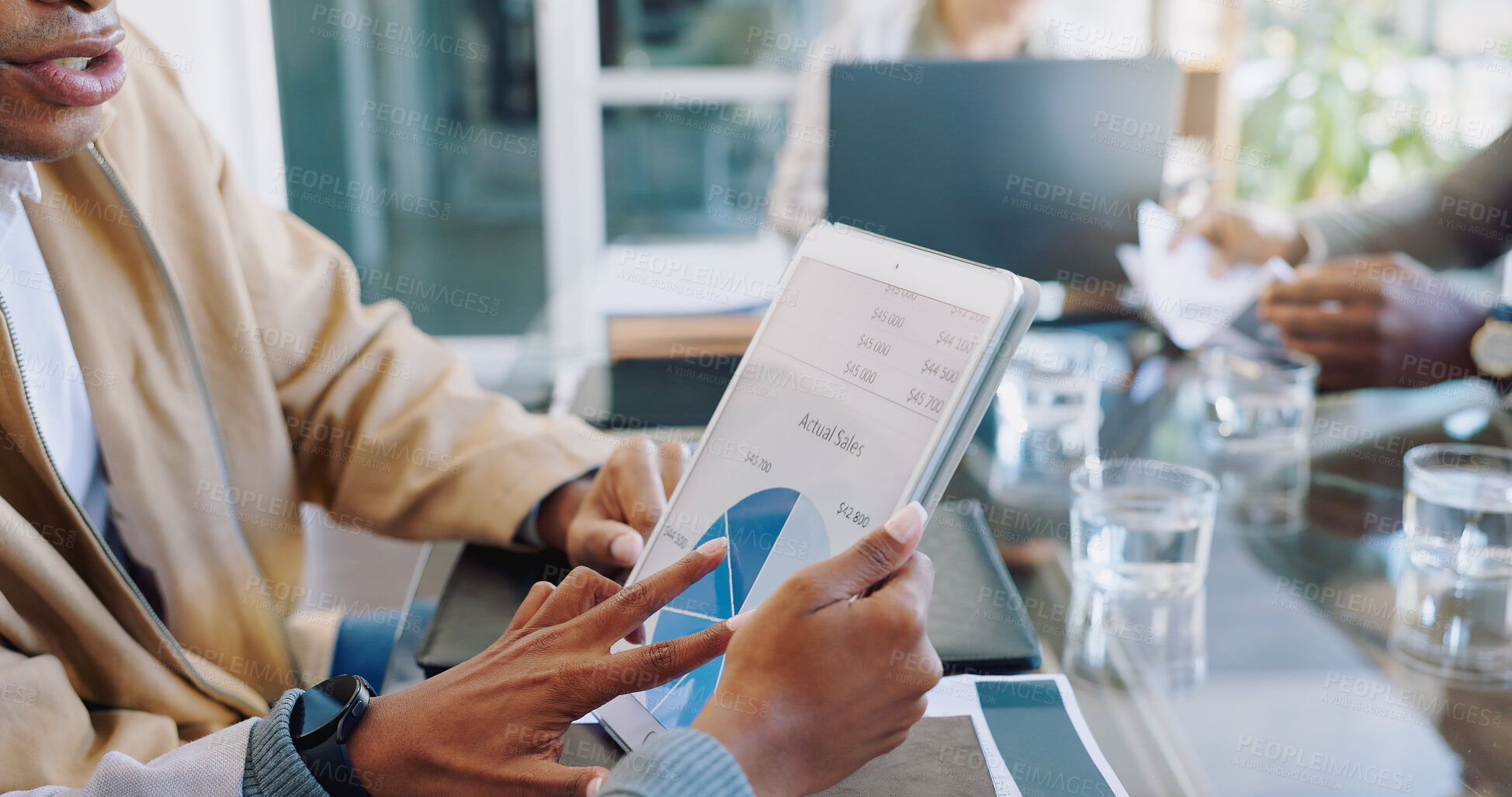 Buy stock photo Hands, employees and working on tablet with pie chart for auditing or financial planning in company. Strategy, closeup and tech with professionals working on project to meet targets in accounting.