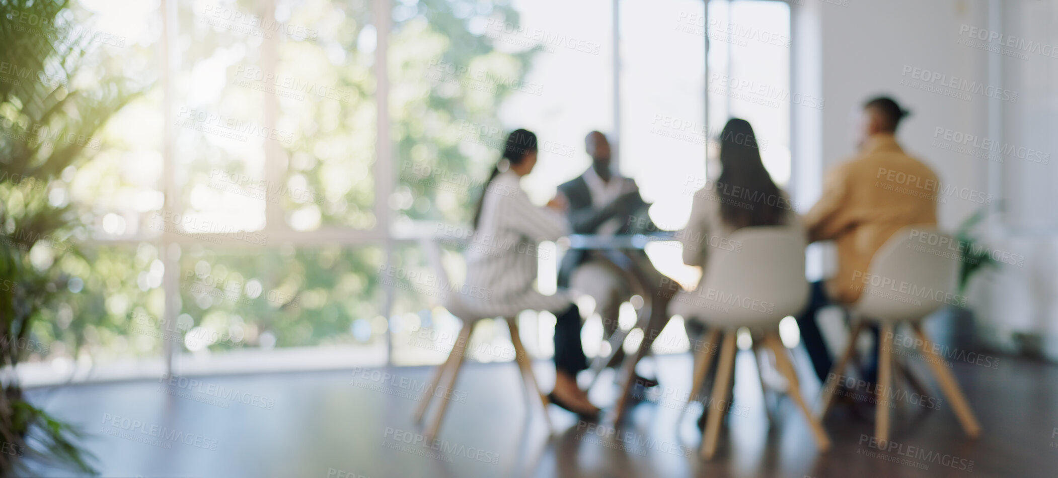 Buy stock photo Business meeting, blurred background and people in office for teamwork, collaboration and planning, Partnership, negotiation and group in solidarity for growth, consulting and corporate solution