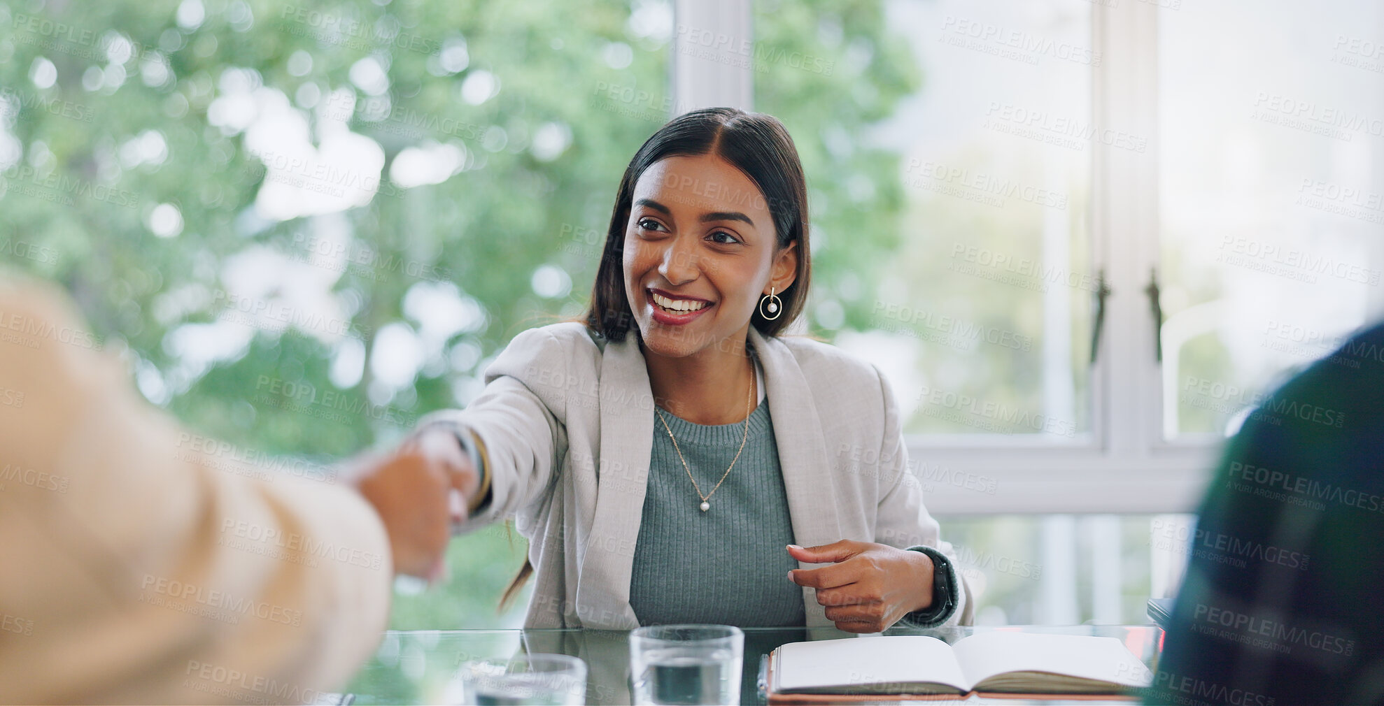 Buy stock photo Business woman, handshake and interview thank you with success and agreement in office. Happy, hiring and female professional at company with motivation and shaking hands with job introduction