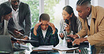 Multitasking, corporate and burnout of business woman with busy office and team. Chaos, stress and African female professional with anxiety from time management and paperwork with workflow crisis
