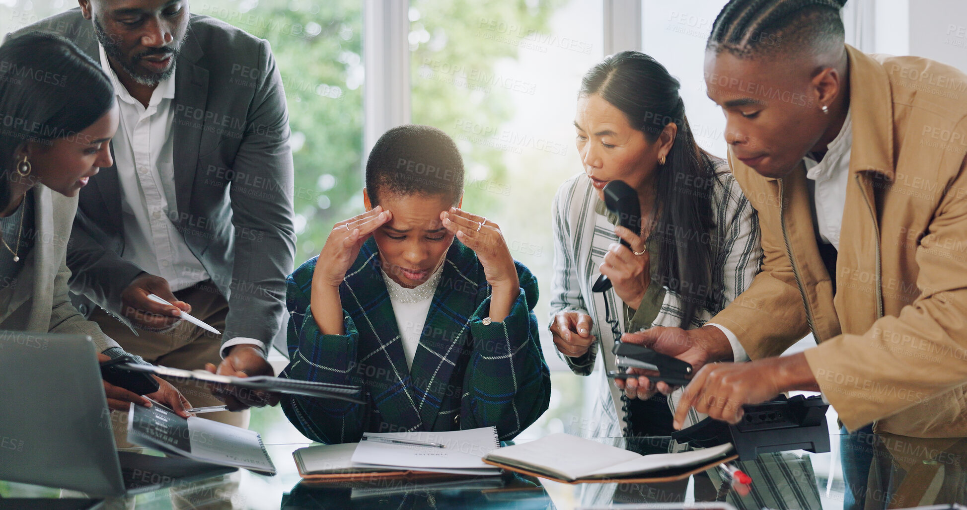 Buy stock photo Multitasking, corporate and burnout of business woman with busy office and team. Chaos, stress and African female professional with anxiety from time management and paperwork with workflow crisis