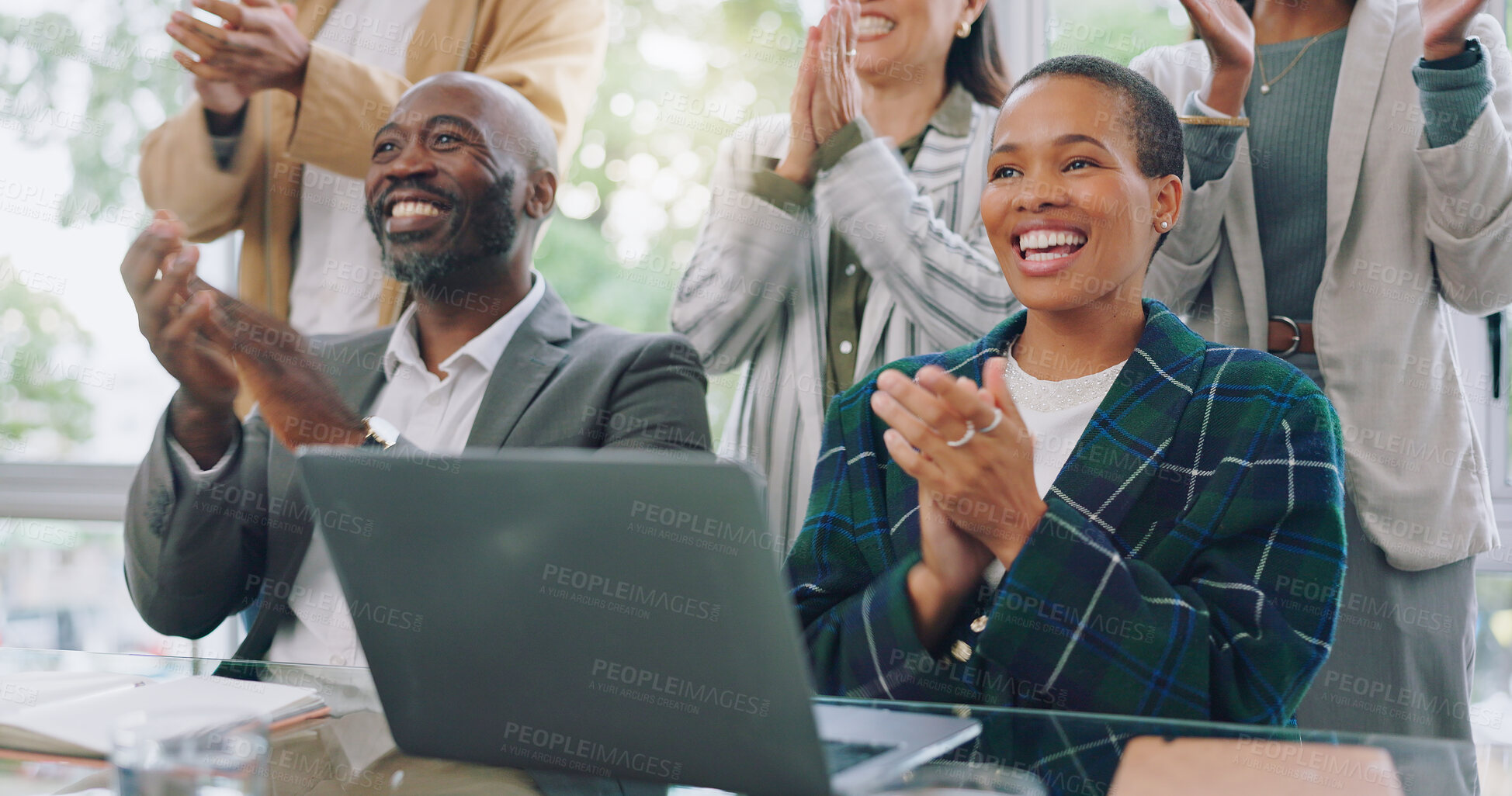 Buy stock photo Happy black people, team and applause in meeting, conference and achievement of success in seminar. Business group, crowd and clapping to celebrate presentation, award or motivation at workshop event