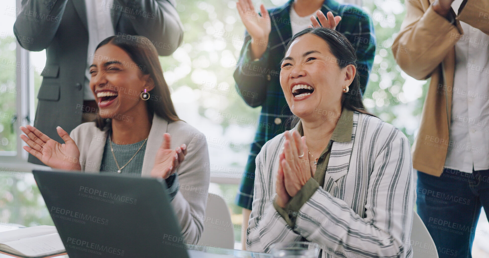 Buy stock photo Happy business women, team and applause in meeting, tradeshow or achievement of success in seminar. Diversity, crowd and people clapping to celebrate presentation, award or feedback at workshop event