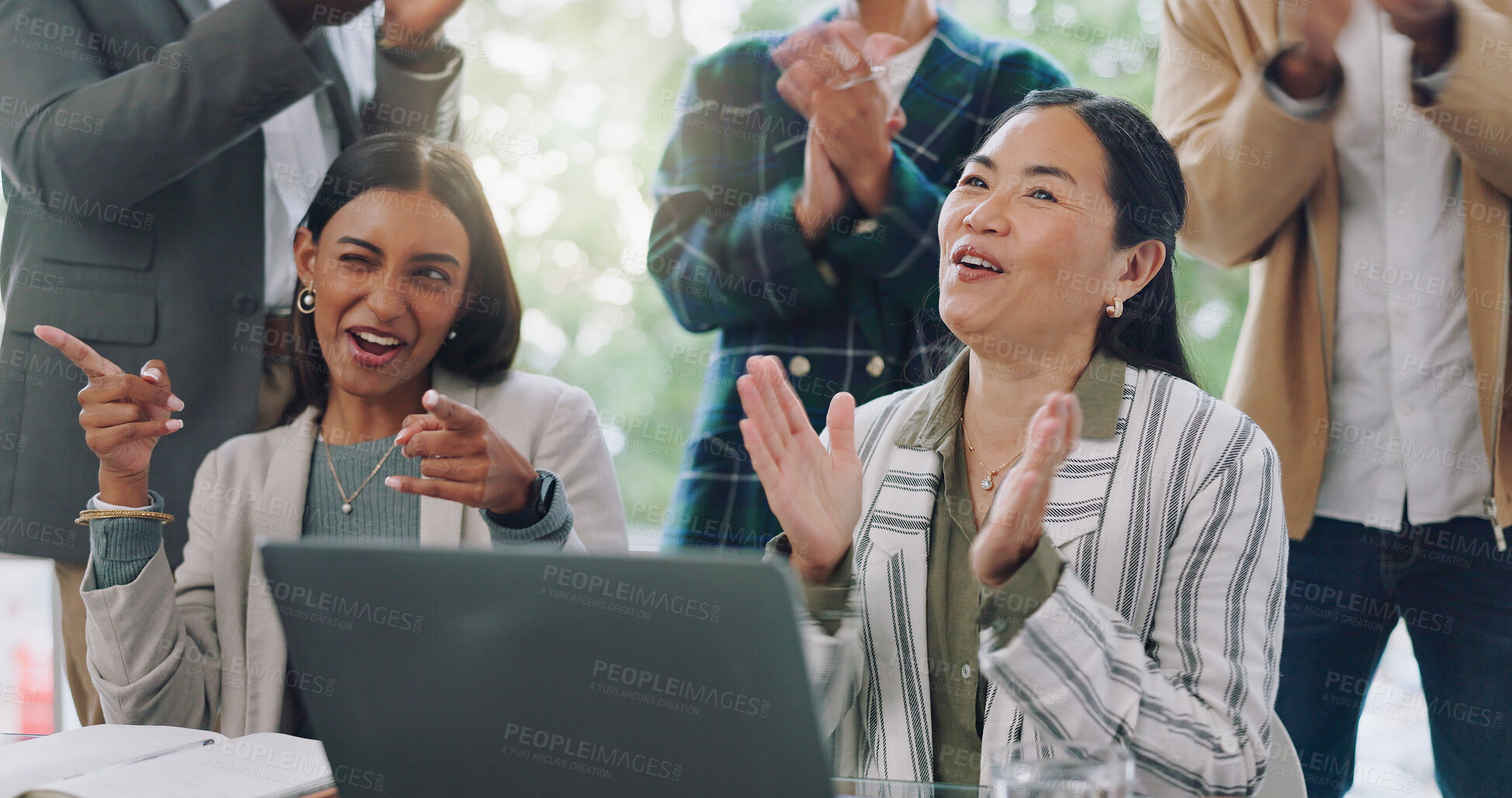 Buy stock photo Business women, excited team and applause in meeting, tradeshow and achievement of success. Diversity, crowd and happy people clapping to celebrate seminar, presentation and award at conference event