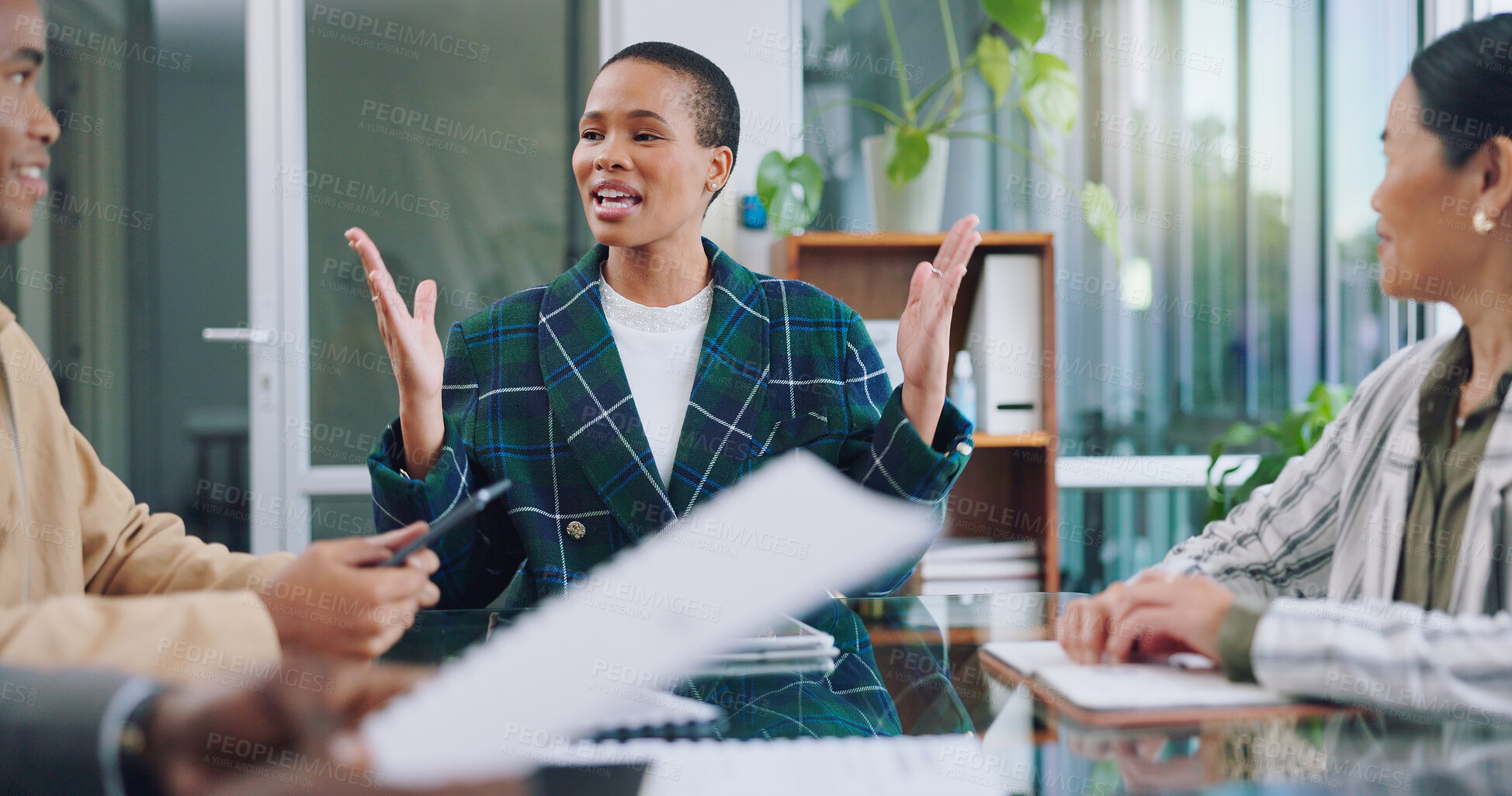 Buy stock photo Tablet, business people with woman boss and pitch feedback for project management workshop. Teamwork, meeting and team with ceo, online report and brainstorming together on proposal in modern office.