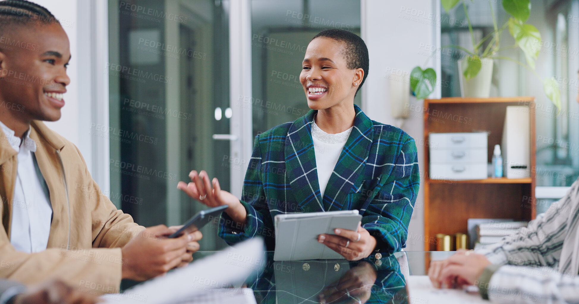 Buy stock photo Pitch, group of business people with woman boss and happy feedback for project management workshop. Teamwork, meeting and team with ceo, online report and brainstorming together on work proposal.