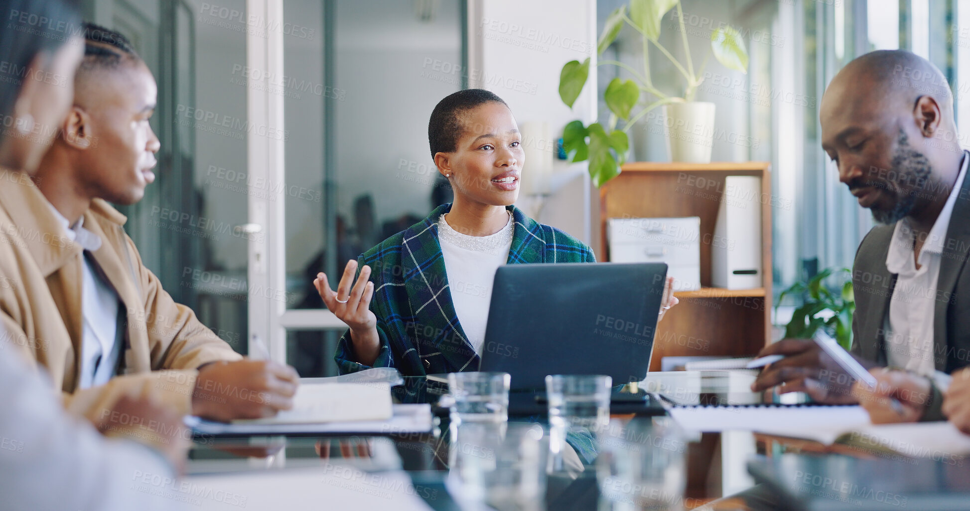 Buy stock photo Pitch, group of business people with woman boss and happy feedback for project management workshop. Teamwork, meeting and team with ceo, online report and brainstorming together on work proposal.