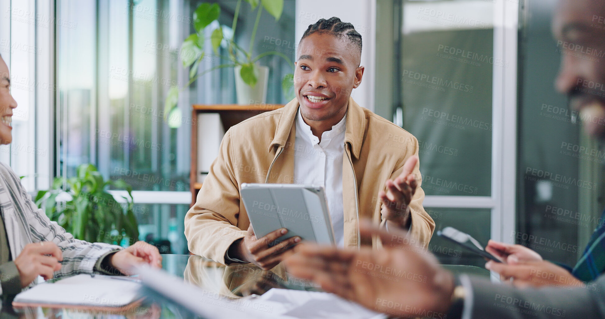 Buy stock photo Tablet, business people in meeting with boss and man at pitch feedback for project management workshop. Teamwork, meeting and team with ceo, online report and brainstorming together on work proposal.