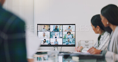 Video conference, business people and meeting of team in boardroom of online presentation, plan discussion or workshop. Group, virtual communication or global webinar call on digital screen in office