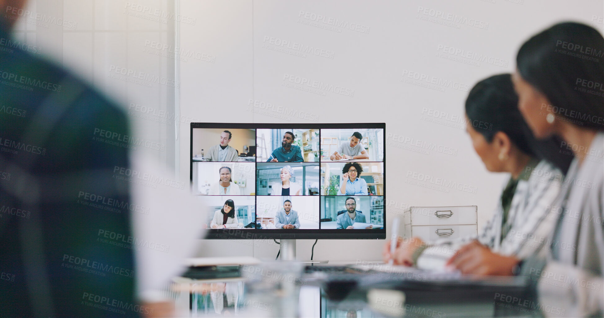 Buy stock photo Video conference, business people and meeting of team in boardroom of online presentation, plan discussion or workshop. Group, virtual communication or global webinar call on digital screen in office