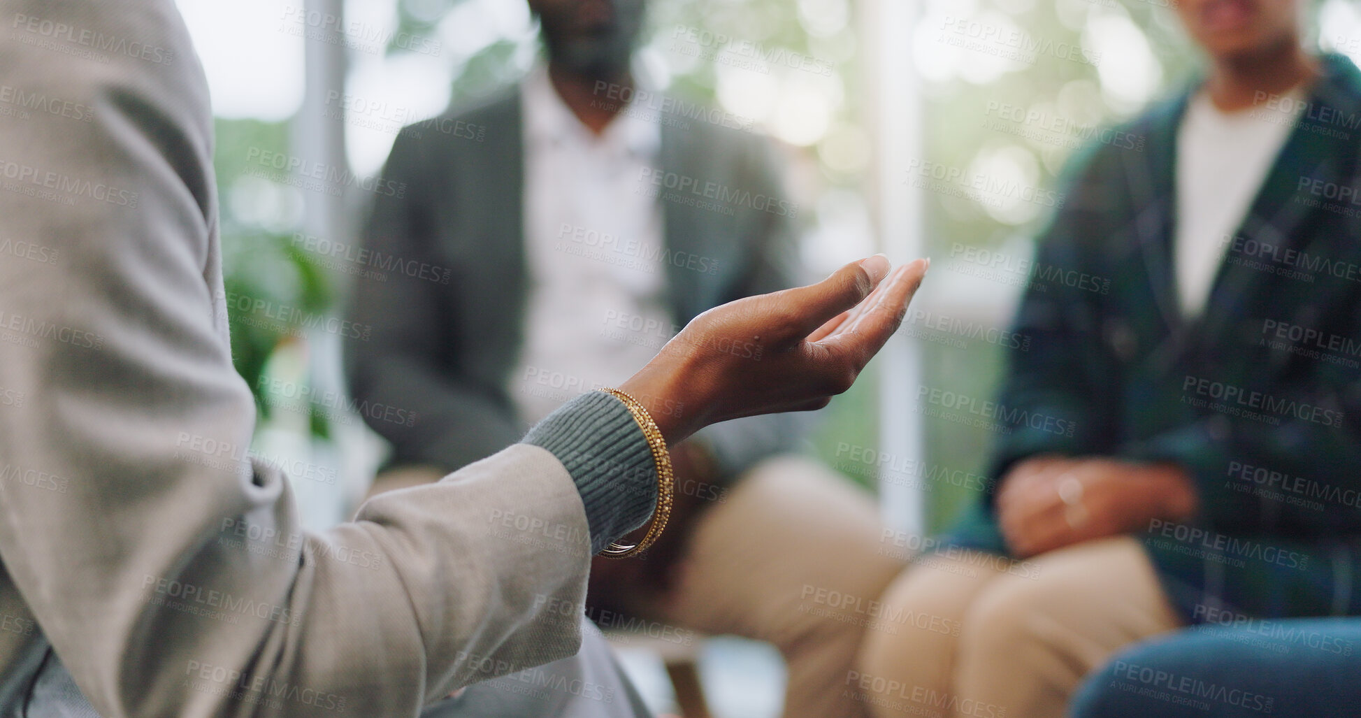 Buy stock photo Psychology, hands and people in support group for therapy, depression or mental health. Counselling, community and therapist in meeting to help in rehabilitation, healing or conversation for wellness