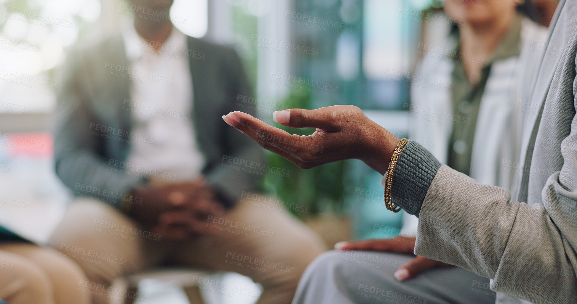 Buy stock photo Psychology, hands and people in support group for therapy, depression or mental health. Counselling, community and therapist in meeting to help in rehabilitation, healing or conversation for wellness