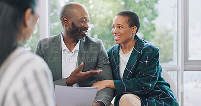 Finance, planning and couple consulting financial advisor for help, guidance or loan in office. Investment, deal and agreement by black woman and man with consultant for budget or insurance plan