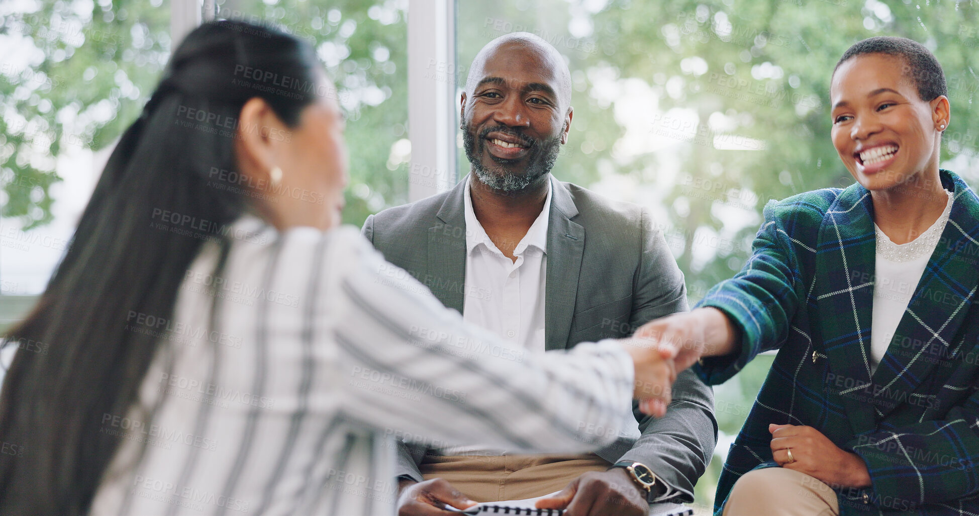 Buy stock photo Job interview, human resources and business people with handshake for welcome, thank you or deal in office. Meeting, consulting and team shaking hands for contract, success or negotiation at startup