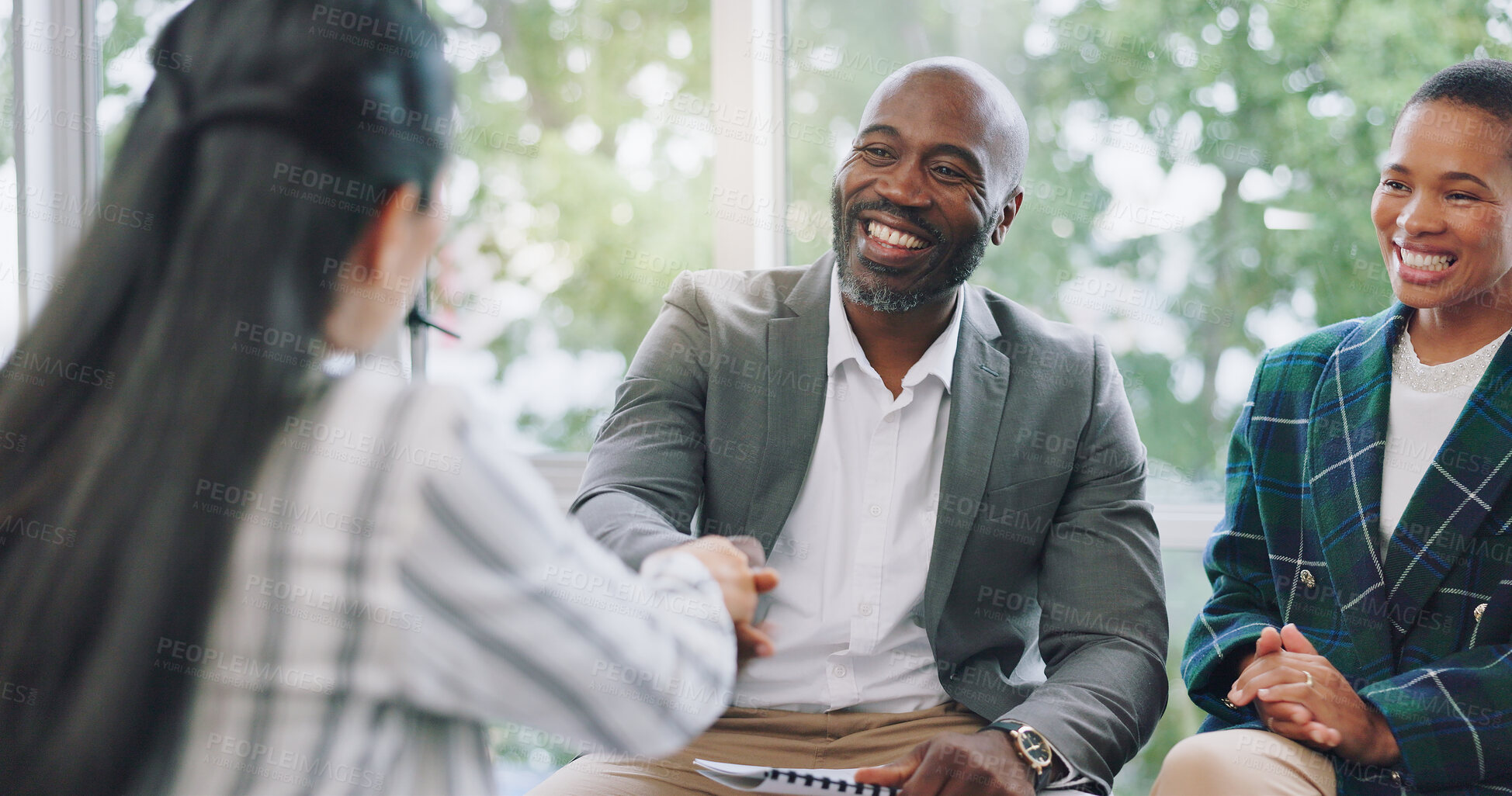 Buy stock photo Job interview, human resources and business people with handshake for welcome, thank you or deal in office. Meeting, consulting and team shaking hands for contract, success or negotiation at startup