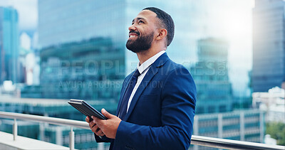 Thinking, tablet and business man in city for social networking, online website and connection. Corporate, professional and worker on digital tech for internet, research and email on office rooftop