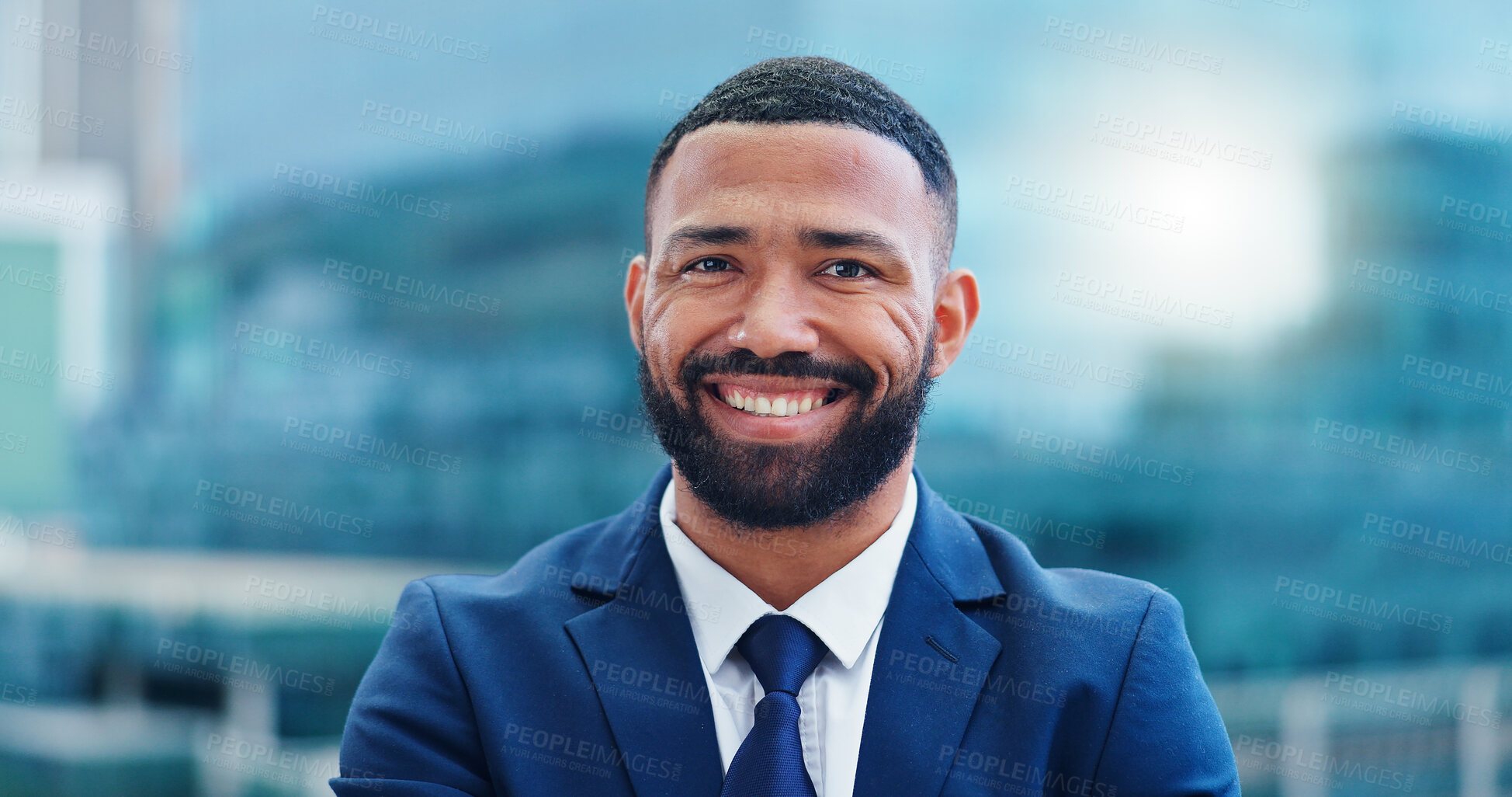 Buy stock photo Laughing, city and face of business black man with confidence, pride and happy in urban town. Corporate manager, professional worker and portrait of entrepreneur for career ambition, working and job