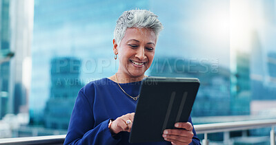 Tablet, thinking and happy senior business woman on a balcony laughing at social media, gift or chat. Digital, search and elderly female entrepreneur online on a rooftop with funny video or message