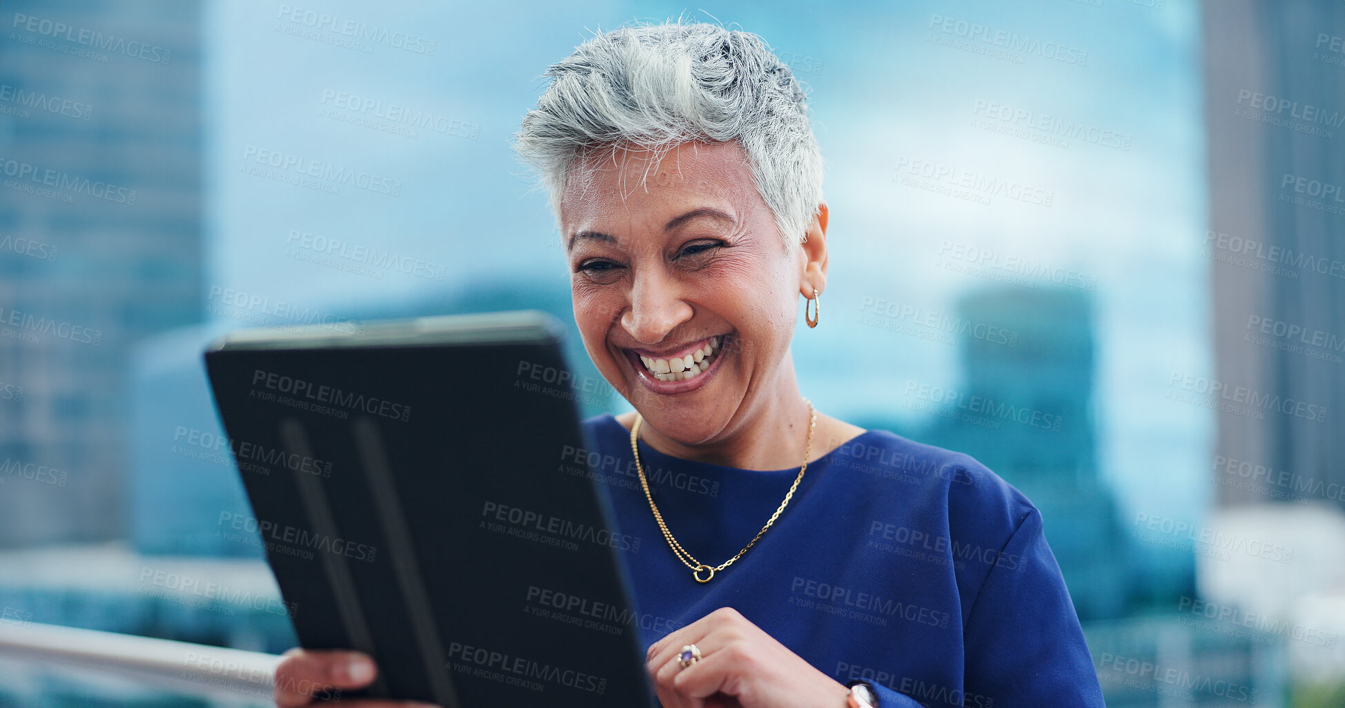 Buy stock photo Mature, woman and laughing with tablet for business outdoor in city with corporate meme or social media joke. Senior, entrepreneur and comedy with technology for internet scroll and funny web search