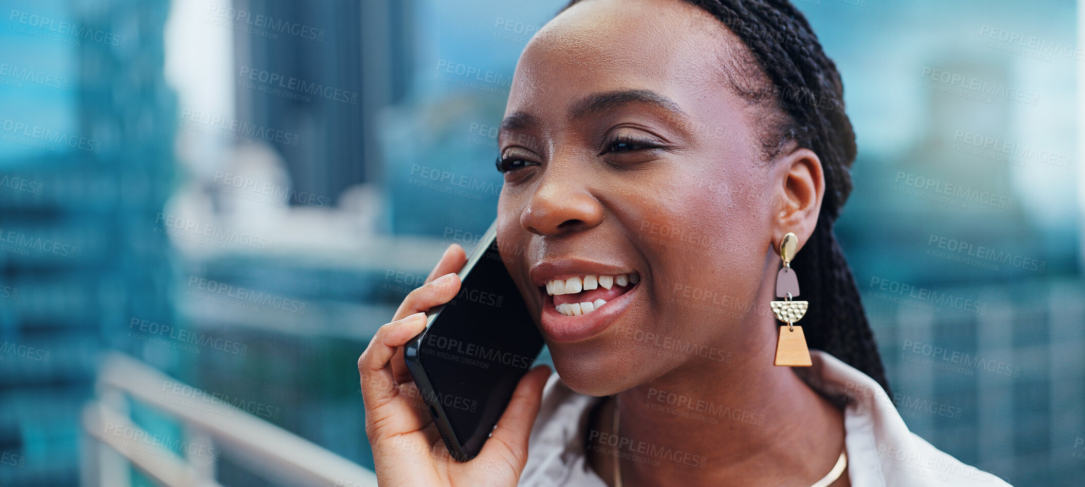 Buy stock photo Black woman, phone call and business discussion in city, balcony or rooftop for outdoor communication. Face of African female person or employee talking on mobile smartphone for conversation in town