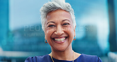 Business woman, face and senior, lawyer happy with career and confident on rooftop, skyscraper and pride. Expert, legal employee or attorney with smile in portrait for corporate and professional