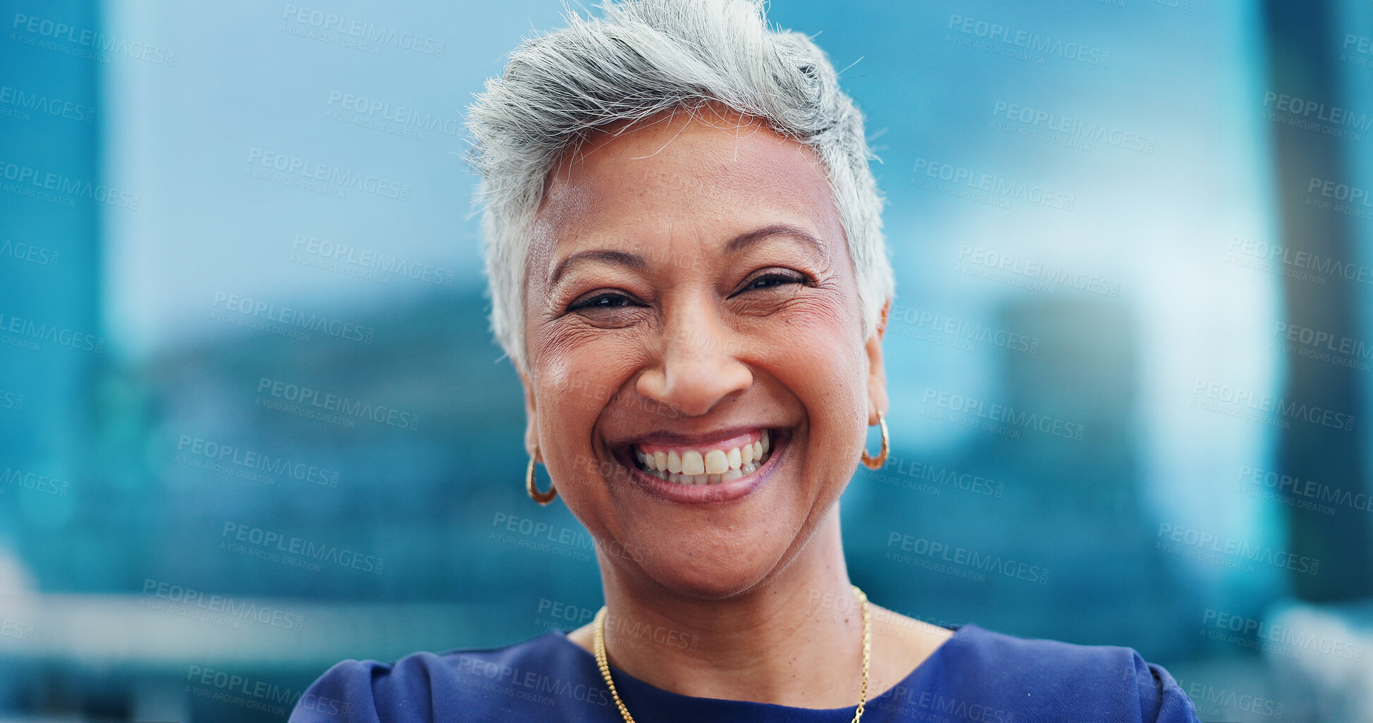 Buy stock photo Business woman, face and senior, lawyer happy with career and confident on rooftop, skyscraper and pride. Expert, legal employee or attorney with smile in portrait for corporate and professional