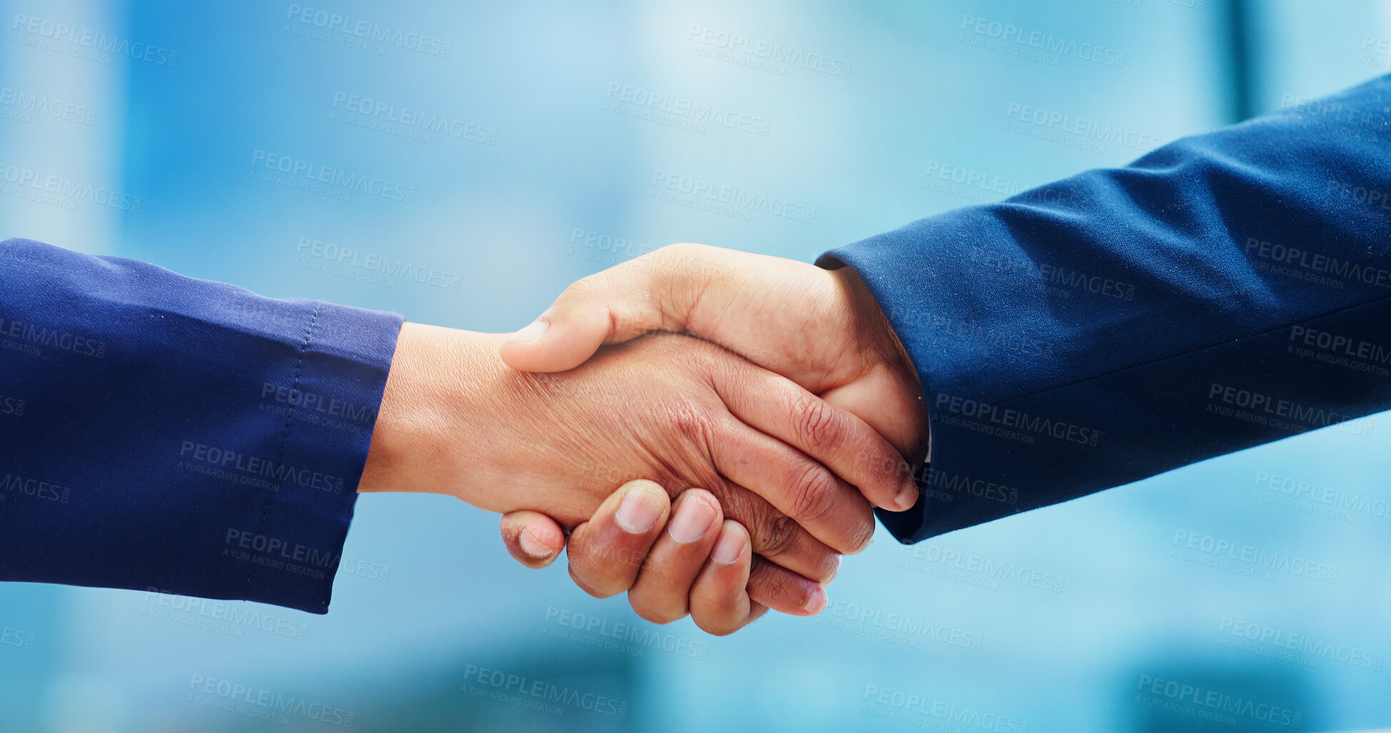 Buy stock photo Shaking hands, business people and introduction outdoor, partnership with interview, introduction or congratulations. Handshake, collaboration and agreement with respect, trust and thank you in city